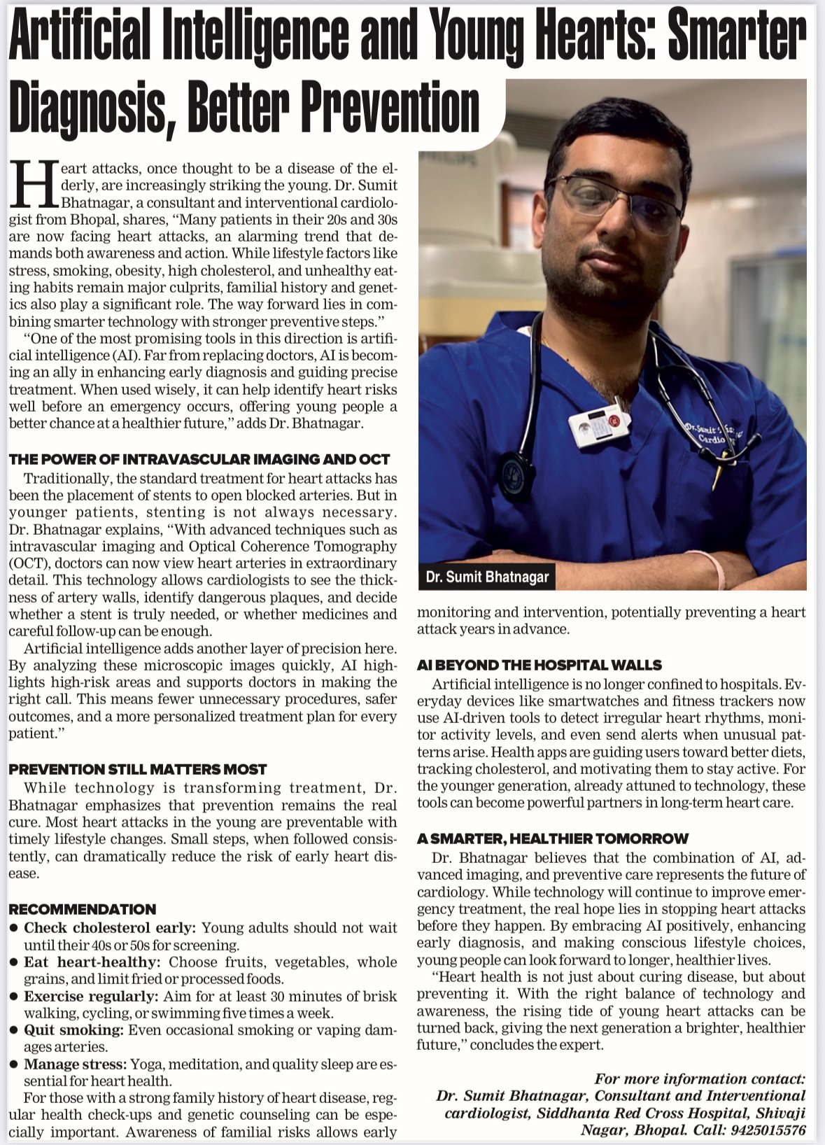 Newspaper article on artificial intelligence and young hearts featuring Dr. Sumit Bhatnagar